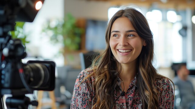 A cheerful young woman gives a testimonial, recorded on a professional camera in a bright office setting.