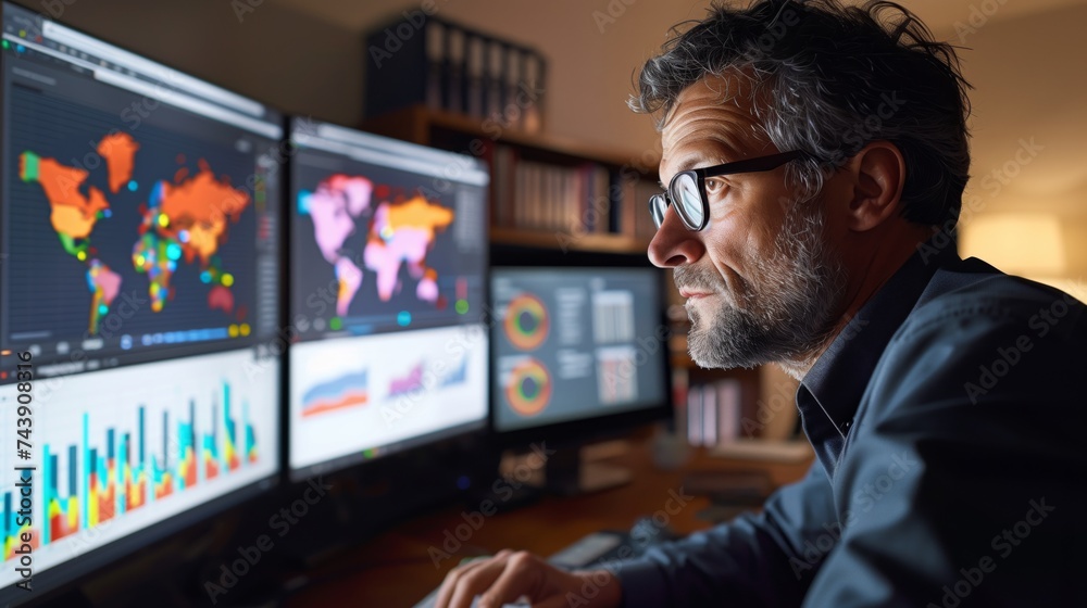 Poster concentrated expert evaluates global data patterns and trends on multiple screens in a high-tech wor