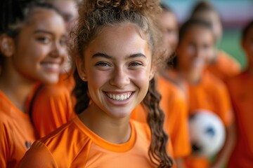 A portrait of a confident, smiling young female football player in orange jersey, with her teammates in the background, showing unity and positive team dynamics