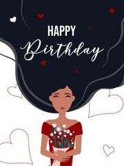 Happy birthday, a postcard for a woman. Illustration of a girl, women's day. Birthday, greeting card. A girl in a red dress with flowers. Flat design.