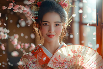 翻訳の結果
In spring, a young Japanese woman wears a beautiful traditional kimono and smiles among the cherry blossoms in full bloom. A concept representing Japanese traditional culture.