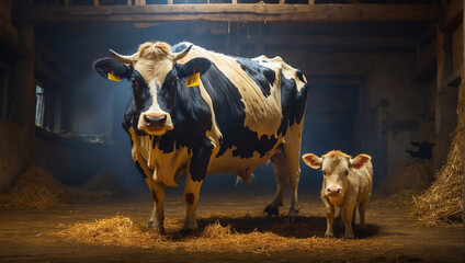 cow with his baby - obrazy, fototapety, plakaty