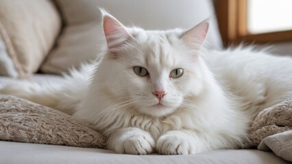 Fototapeta na wymiar White norwegian forest cat lying on bed in the bedroom