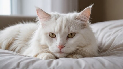 White norwegian forest cat lying on bed in the bedroom