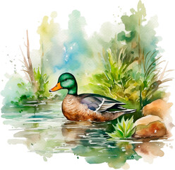 Watercolor duck and plants of lake. Hand drawn illustration 