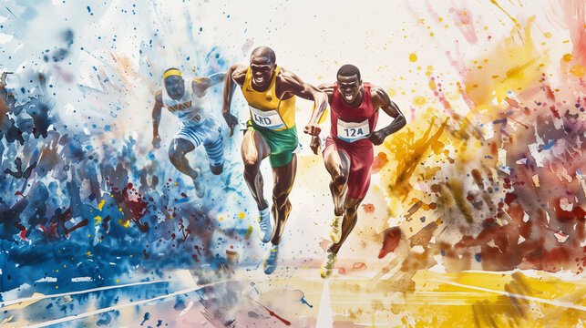 Dynamic artistic illustration of three African male athletes sprinting in a race, with vibrant watercolor splashes, suitable for sports themes and backgrounds with copy space