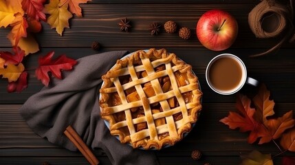 Apple pie seen with hot drink