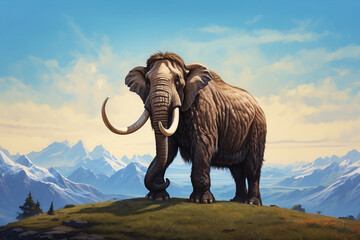 Fototapeta premium mammoth relaxing on a green hill in sunny time