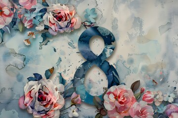 "The number surrounded by flowers on a watercolor grey background". Concept Watercolor Art, Floral Design, Number Illustration, Grey Background, Creative Composition