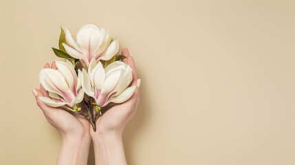 Caucasian hands presenting a bouquet of magnolia flowers on a beige background, with ample copy...