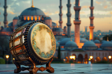 ramadan drum is in the foreground with a old city building in the background - obrazy, fototapety, plakaty