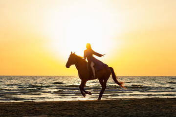 A woman in a blue dress with long curly blond hair gallops on a brown horse against the background...
