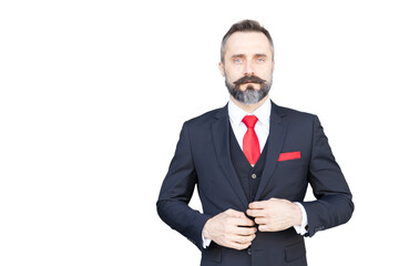 portrait business or lawyer beard style male standing confident in gentle man suit isolated on...