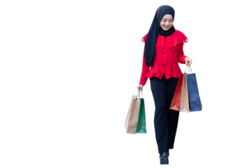 happy muslim arab lady happy enjoy shop in shopping walking street hand holding many paper shopping bag