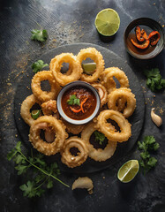 Knusprige Calamares mit süß-saurer Chili-Soße kunstvoll auf dunklem Granittisch arrangiert Darkfood-Ästhetik vereint knusprige Köstlichkeit mit einer verführerischen Balance aus süß und sauer