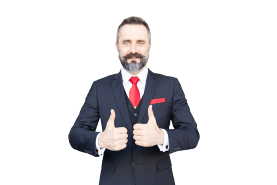 portrait business or lawyer beard style male standing confident in gentle man suit thumbs up happy smiling isolated on clear png background - Powered by Adobe
