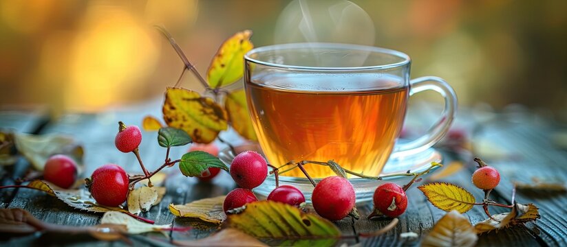 A cup of tea infused with young wild rose berries surrounded by autumn leaves.