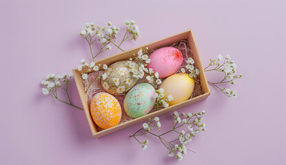 colorful easter eggs in a box with some spring flower