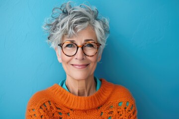 Cheerful middle aged woman in pullover on blue background