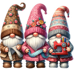 Three cute gnomes stand in a row holding a sewing machine. and sewing equipment transparent background - obrazy, fototapety, plakaty