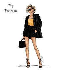 Beautiful fashion blond hair woman in sunglasses. Woman holding bag. Fashion outfit. Vector illustration