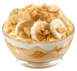 Banana and peanut butter pudding in a glass bowl isolated on a transparent background