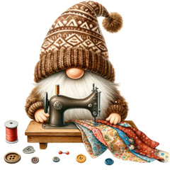 A cute gnome wearing a brown hat is sewing. transparent background