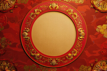 lunar new year template, decorated with Asia ornament, minimalist, giant blank page in the middle, red-gold colors