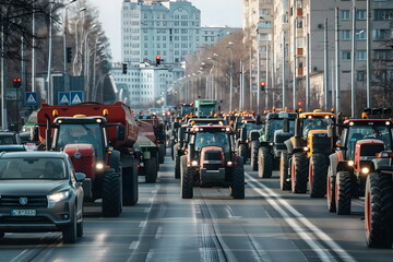 A row of tractors rebelling and blocking traffic in a city - obrazy, fototapety, plakaty