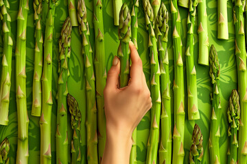 Human hand touching a lush green bamboo asparagus background with copy space, ideal for healthy food concepts and vegetarian lifestyle promotions