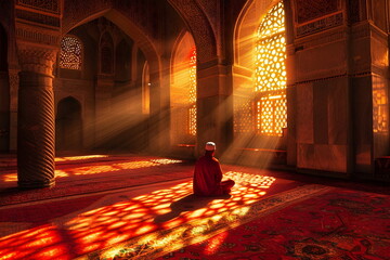 An islamic man sitting alone in a church praying