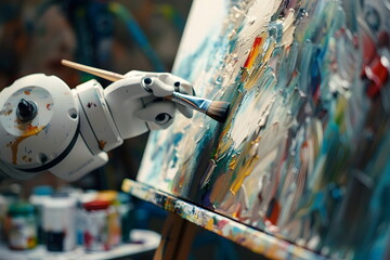A robot hand painting on a canvas indoors