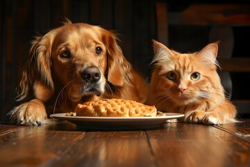 A dog and a cat sitting at a table waiting for food indoors