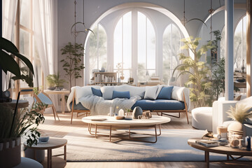 Elegant Living: Spacious Room with Blue and White Furnishings and Earthy Tones Captured in Vray, Reflecting Minimalism and Light