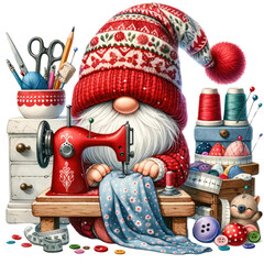 Cute gnome wearing a red hat is sewing. Transparent background. - obrazy, fototapety, plakaty