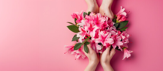 Vibrant pink lilies held in caucasian hands against a soft pink background with ample copy space, ideal for Mother's Day or spring-themed designs