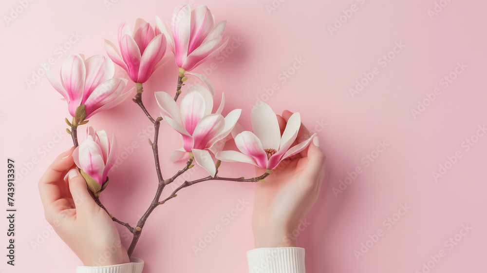 Wall mural Female hands arranging delicate magnolia flowers on a soft pink background with space for text, ideal for spring-themed designs or Mother's Day promotions