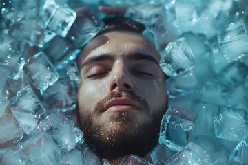 Eisiges Abenteuer: Mann genießt ein erfrischendes Eisbad für optimale Regeneration