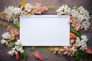 white space for text, flowers on a wooden background