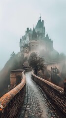 Mystical castle nestled amidst swirling mists