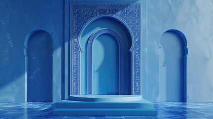 3d arched door podium with a blue background. scene with geometric backdrop.  islamic podium banner for product display, presentation, cosmetic, ramadan sales. - obrazy, fototapety, plakaty