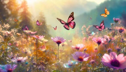 Fototapeta na wymiar flying many pink butterflies and meadow flowers in early sunny fresh morning. Vintage autumn