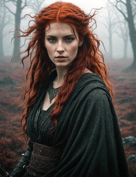Boudicca as a personification of the celtic pagan goddess Bouda, stood in an atmospheric misty forest background