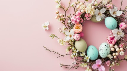 Handmade easter wreath with colored eggs and spring flowers