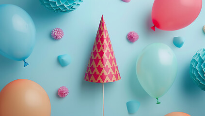 colorful paper party hat and balloons with blue backg