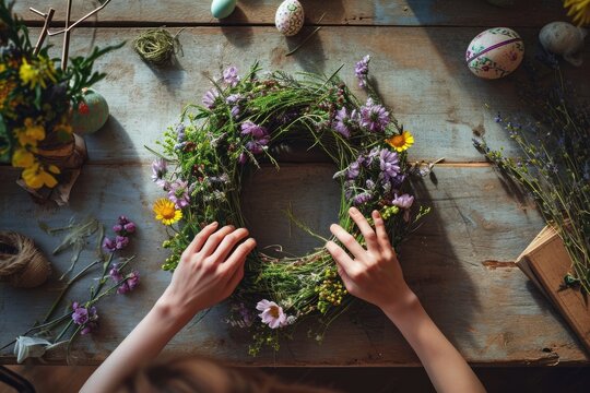 Handmade easter wreath with colored eggs and spring flowers. Creative workshop idea