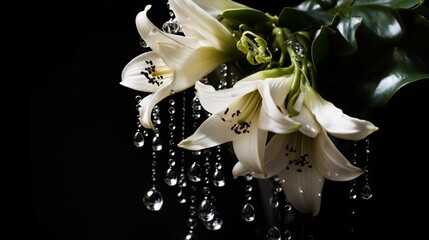 white flower with drops on a black background with decorations