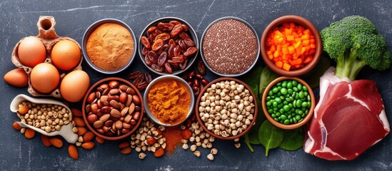 Iron-rich food with Fe symbol and atomic number 26, consisting of natural products like meat, eggs, dried fruit, nuts, seeds, and legumes, contributes to a nutritious diet. - obrazy, fototapety, plakaty