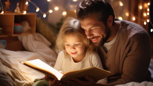 Father reading bedtime story to her little child