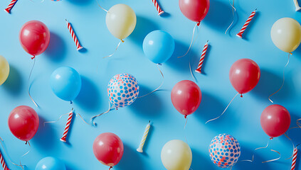colorful party balloons and candles on blue backgroun